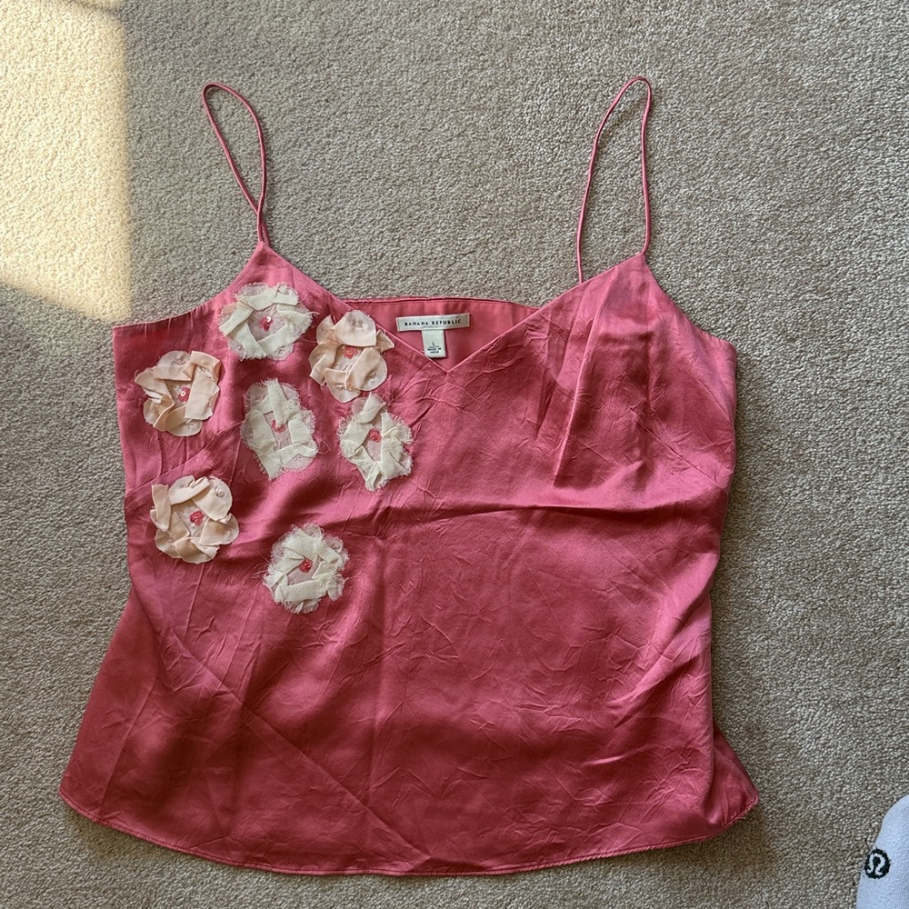 Banana Republic Pink Silk Top with Cream Floral Details